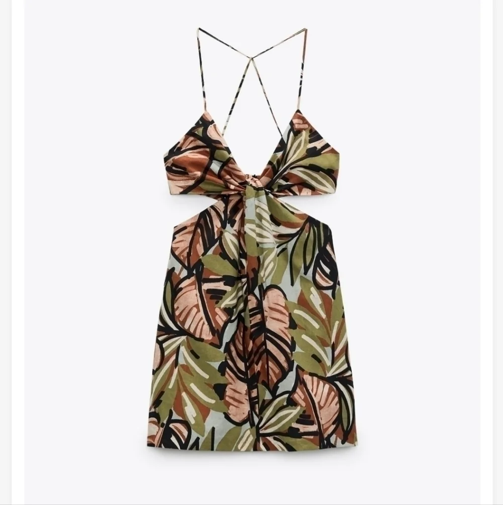 Zara Side Cutouts Spaghetti Straps Tropical Print Linen Mini Dress NWT S…